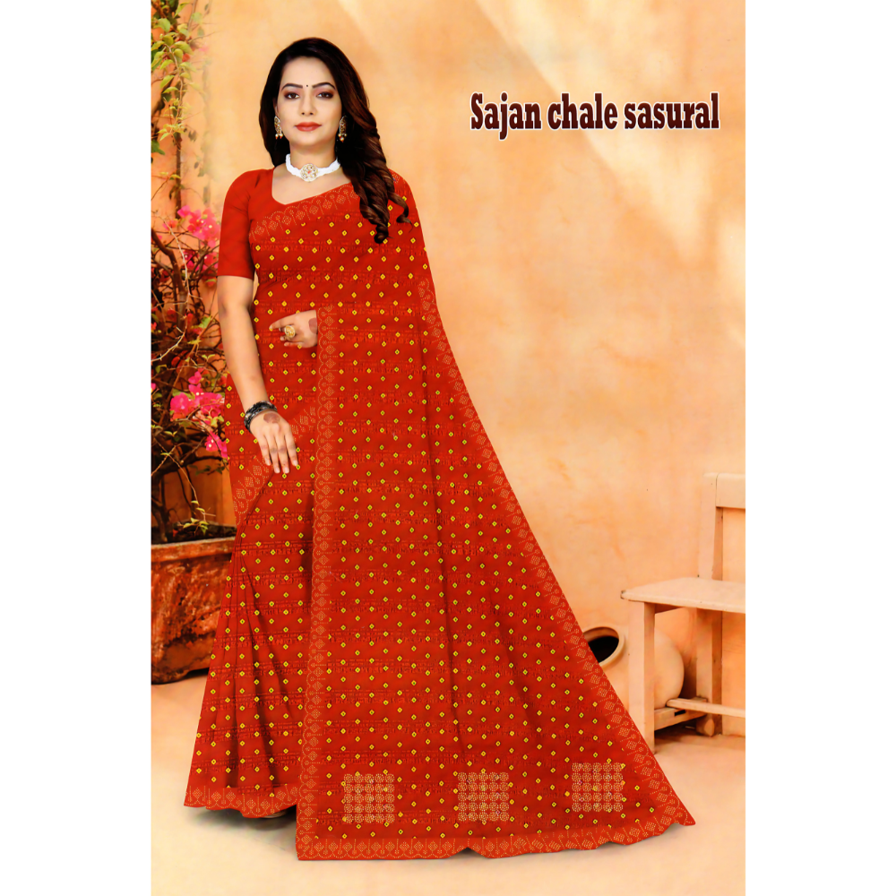 Bandhani Style Saree with Embroidery and Geometric Designs