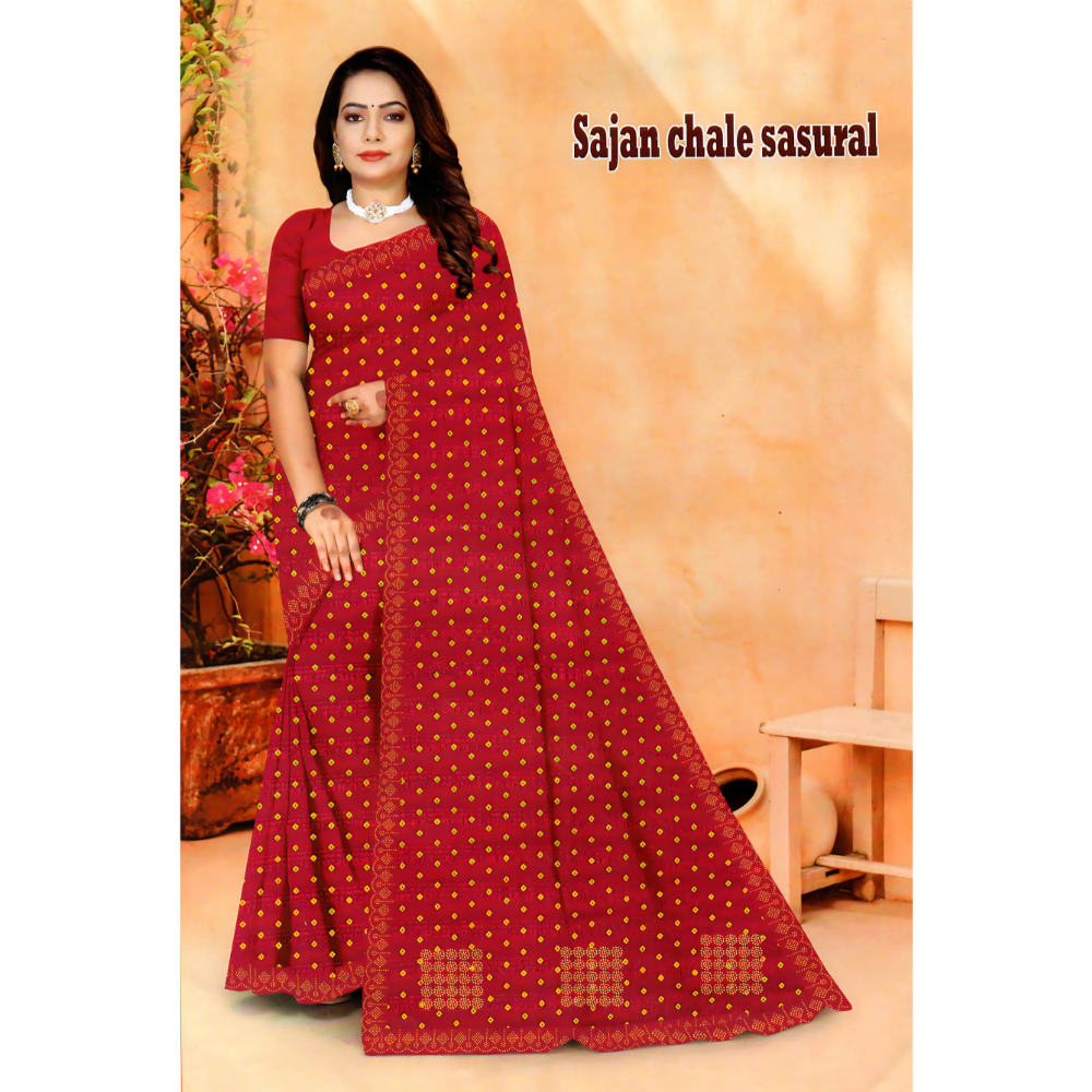 Bandhani Style Saree with Embroidery and Geometric Designs