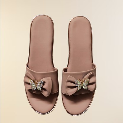 Embellished Bow Slip-On Sandals with Butterfly Accent