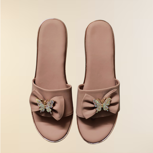 Embellished Bow Slip-On Sandals with Butterfly Accent